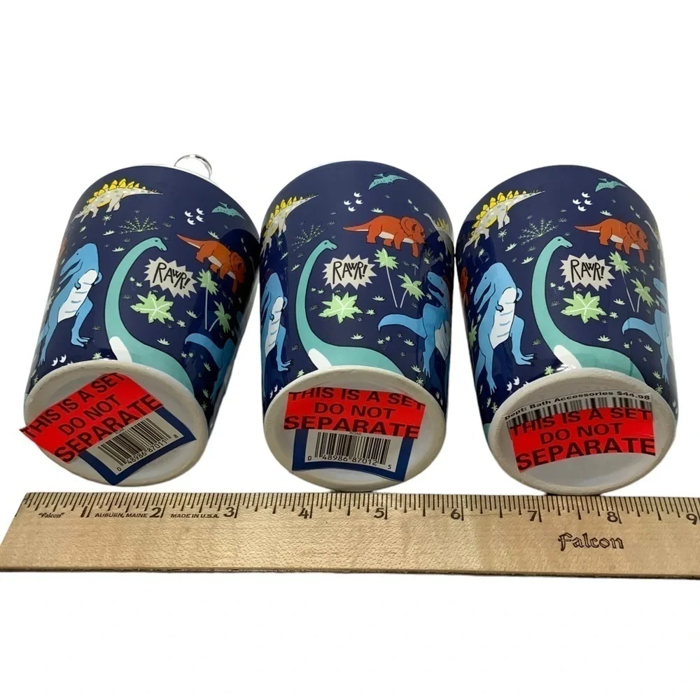 Matt & Maddie Dinosaur Bath Accessories Kids Colorful Ceramics Blue 3 Piece Set
